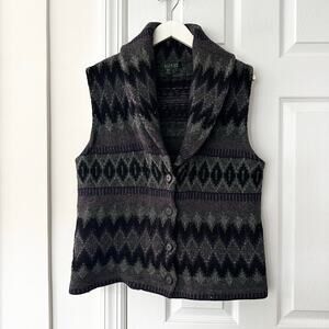 Lauren Ralph Lauren Purple Grey Fair Isle Lambswool Button Sweater Vest Large